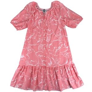 Hilo Hattie Vtg‎ Floral Puff Short Sleeve Ruffle Hem Midi Dress Pink White MED